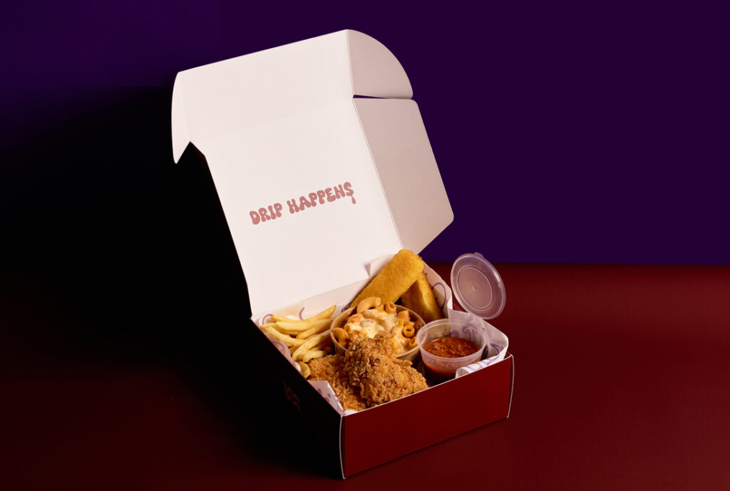 Mr Joe's Box #YOMGlimited Menu Item at YOMG ~ parmesan-crumbed fried mozzarella stix (2 pce), crunchy fried chick’n strips (3 pce), joe’s macaroni and cheese, secret seasoned shoestring fries, with a side of bechamel sauce and YOMG house-made sloppy joe sauce