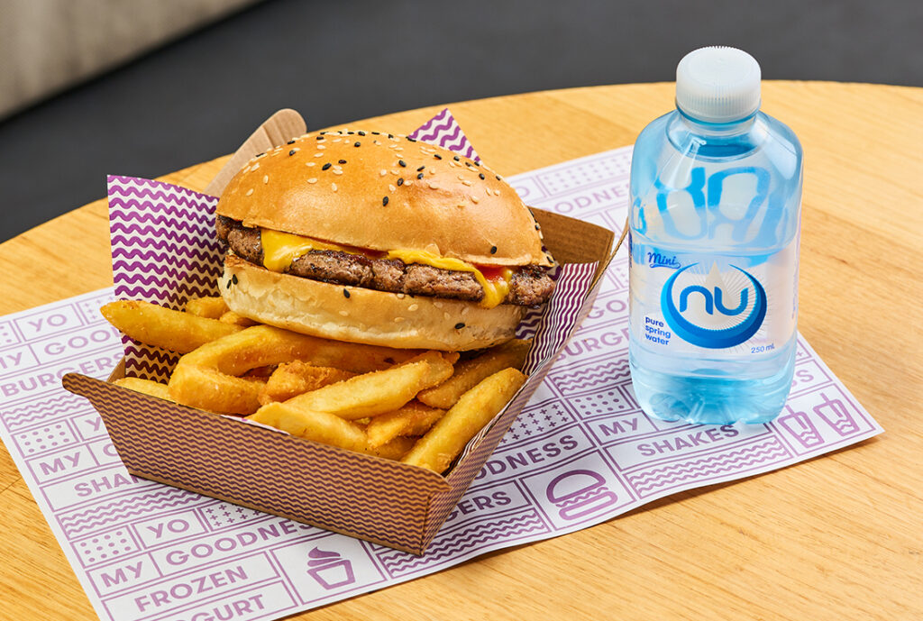 Kids Snack Pack: Jnr Cheeseburger from YOMG w/ beef, cheese, ketchup