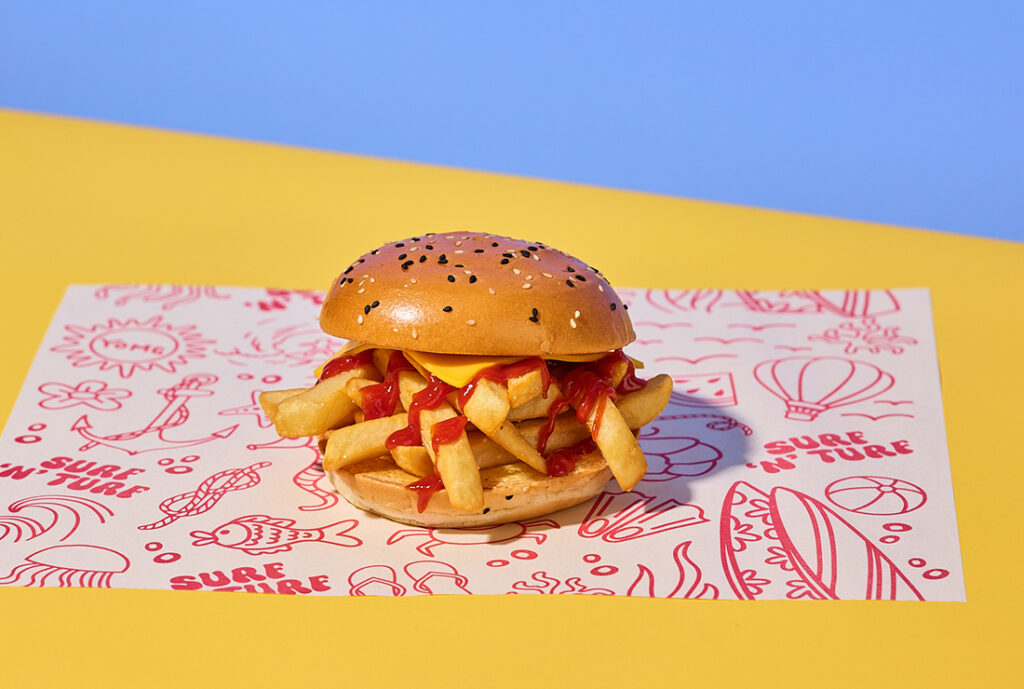 Chip Butty Burger from YOMG ~ buttered milk bun, fat chips, cheese, ketchup