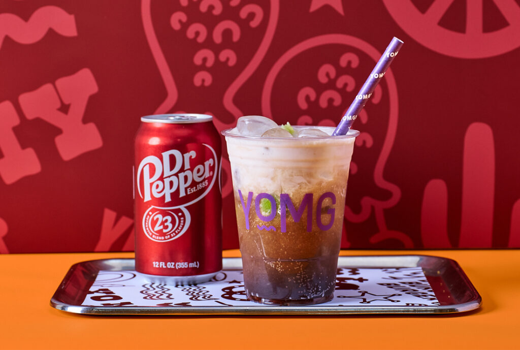 Dr. Pepper Dirty Soda Drink #YOMGLimited Menu by YOMG ~ dr. pepper® soda, coconut syrup, coconut creamer, lime juice, ice