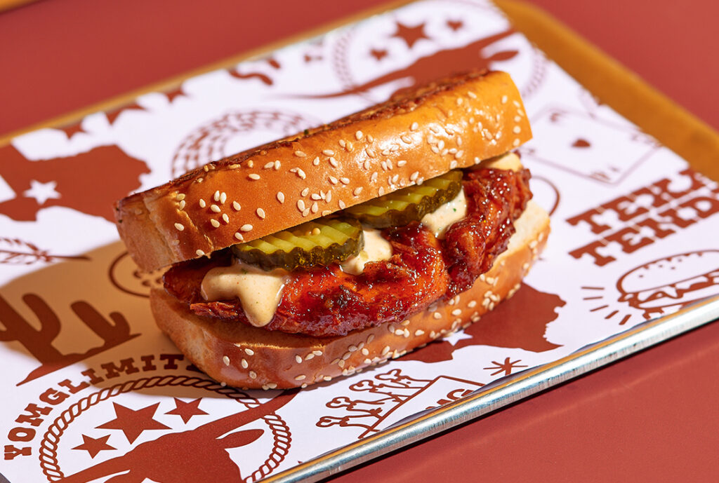 Sticky BBQ Sweet & Sour Texan Toast #YOMGlimited Menu by YOMG ~ crunchy chicken texan tender, sticky BBQ sweet & sour sauce, buttermilk ranch, bread & butter pickles