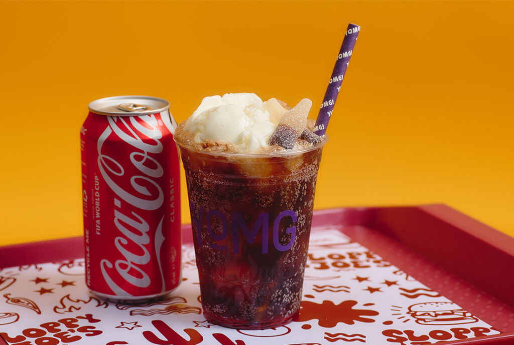 Cherry Cola Spider ~ Kirk’s Creaming Soda®, vanilla ice-cream float, raspberry syrup, rainbow sour strap, ice #YOMGlimited