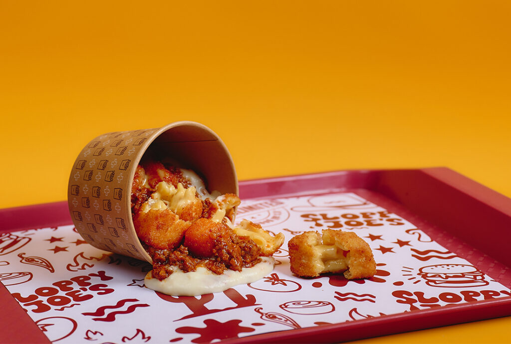 Joe's Smashed Mac & Cheese by YOMG ~ smashed mac & cheese bites, sloppy joe sauce, bechamel sauce #YOMGlimited
