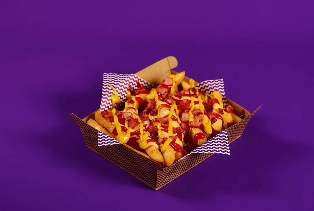 YOMG Loaded American Fries Menu Item - cheese sauce, bacon, ketchup, american mustard
