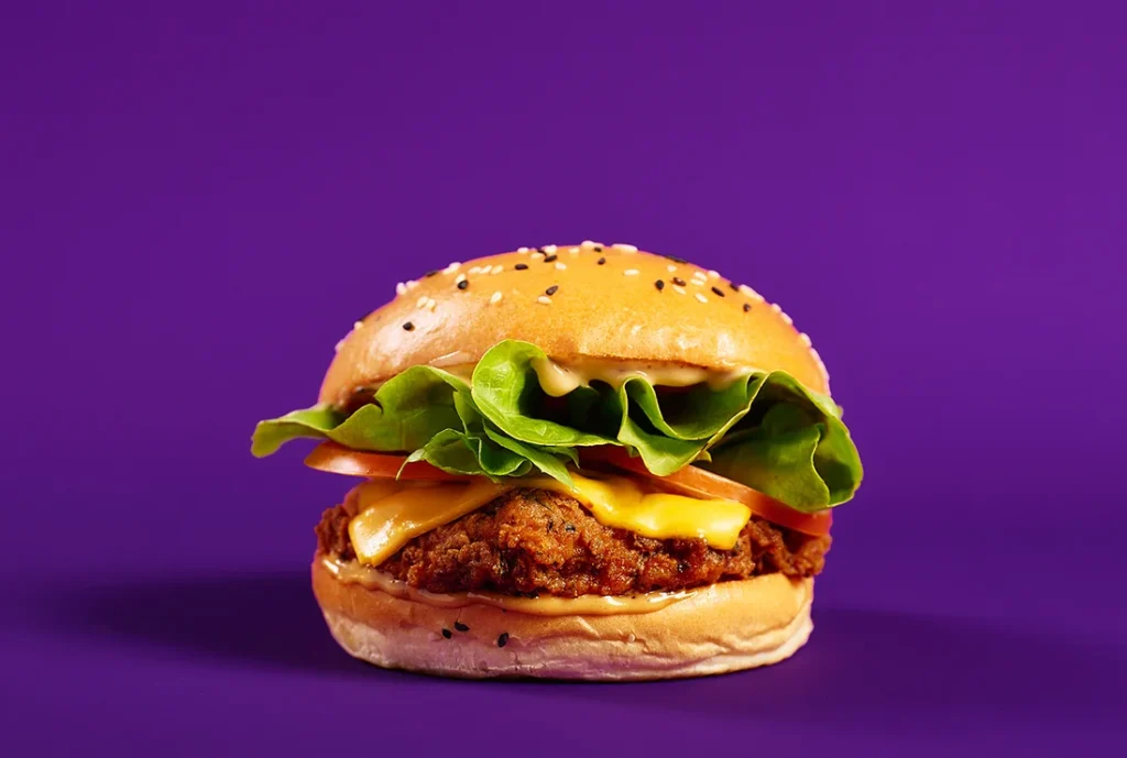 YOMG Bergerk Southern Fried Chicken Burger Menu Item - southern fried chicken, cheese, lettuce, tomato, chipotle mayo
