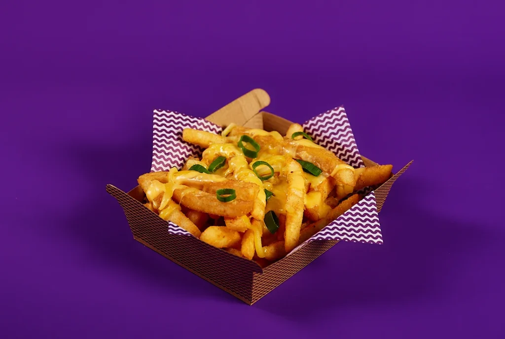 YOMG Loaded Cheese Fries Vegetarian Menu Item - cheese sauce, tasty cheese, spring onion - add bacon topper + $2