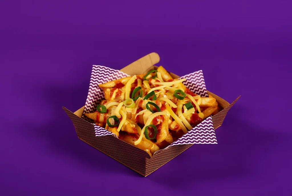 YOMG Chilli Cheese Fries Vegan Menu Item - cheese sauce, chilli sauce, tasty cheese, spring onion #yomgitsHOT