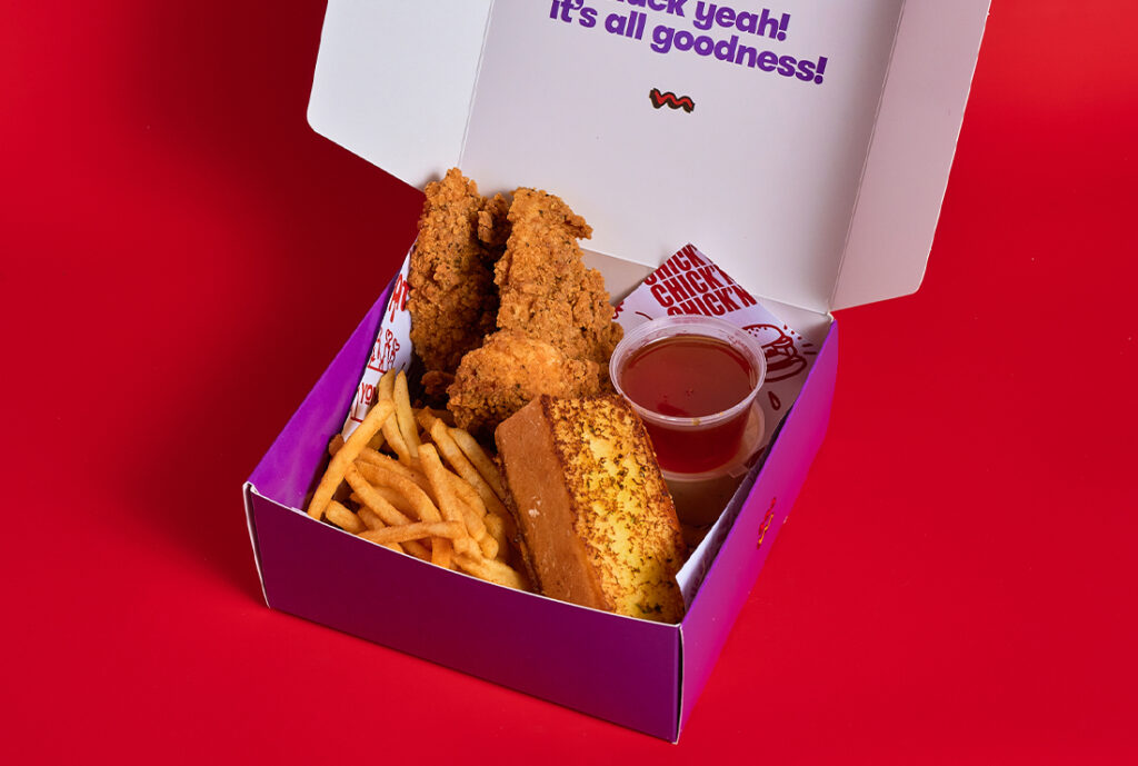 HHCC Box ~ crunchy fried chick'n tenders (3 pce), texan toast, secret seasoned shoestring fries, hot honey dipping sauce, ranch