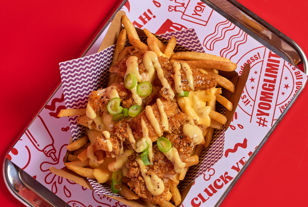 HHCC Loaded Fries ~ hot honey crunch chick'n, cheese sauce, honey mustard mayo, ranch, spring onion, secret seasoned shoestring fries