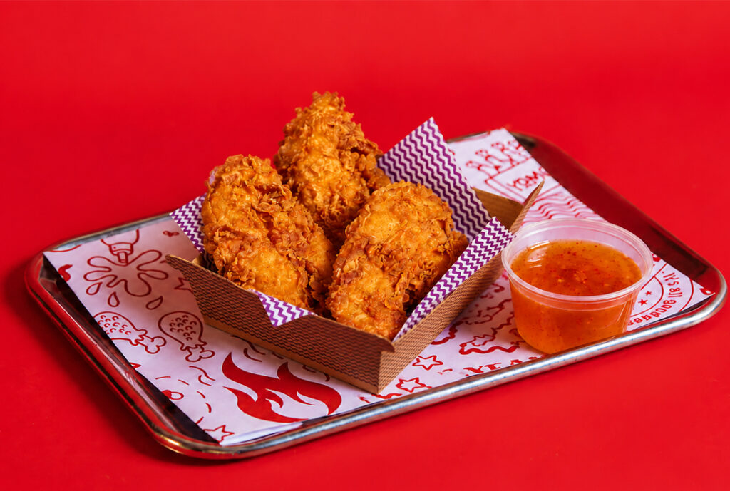 Hot Honey Crunch Chick'n Tenders ~ crunchy fried chick'n tenders (3 pce) served with hot honey dipping sauce